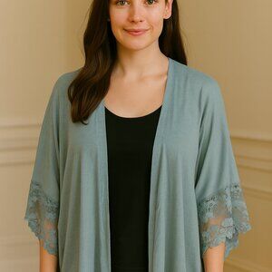 Lauren Conrad Sheer One Size Teal Lace Trim Open Front Kimono Cardigan Hippie